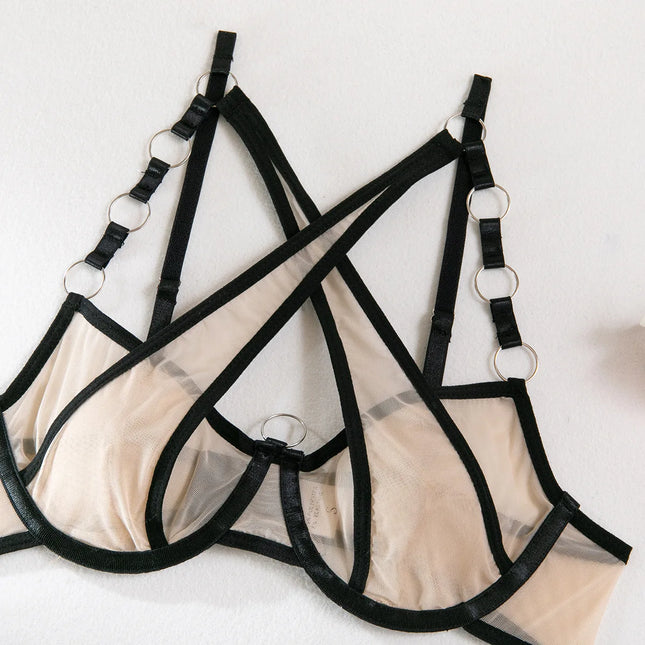 Three-Piece Hot-Selling Spliced Underwear Bra with Steel Ring Sexy Contrast Color Intimates Set Women's Mesh Exotic Apparel Suit
