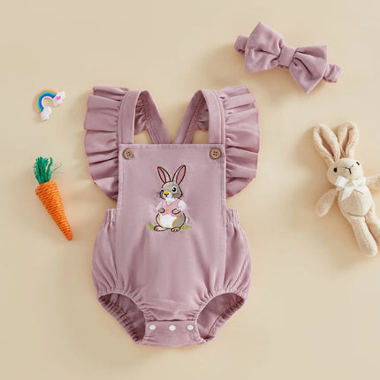 Infant Baby Girls Easter Romper Cute Fashionable Bunny Embroidery Flutter Sleeve Jumpsuit
