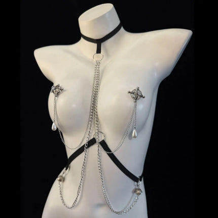 Women's Nipple Clamps Body Chain with Tassel Bells and Pearl Chain Body Restraint SM Fetish Toy Couples Flirtation Adult Toy
