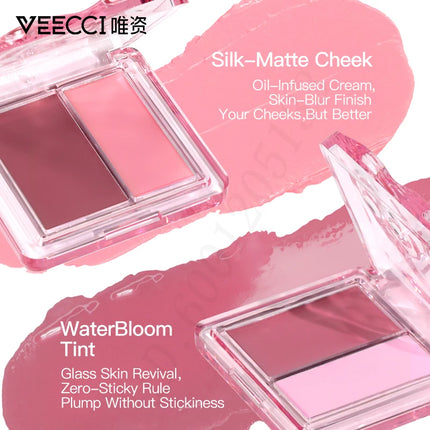 VEECCI Dual-color Watery Blush Cream Multi-functional Matte Cheek Rouge Creamy Moisturizes Longlasting Naturally Brighten Makeup