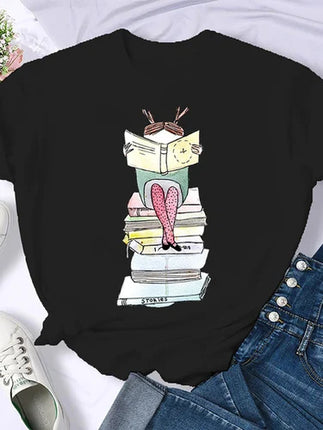 Coffee Books Brown books American retro T-shirt woman round neck half sleeve T-shirt printed T-shirt top woman oversized