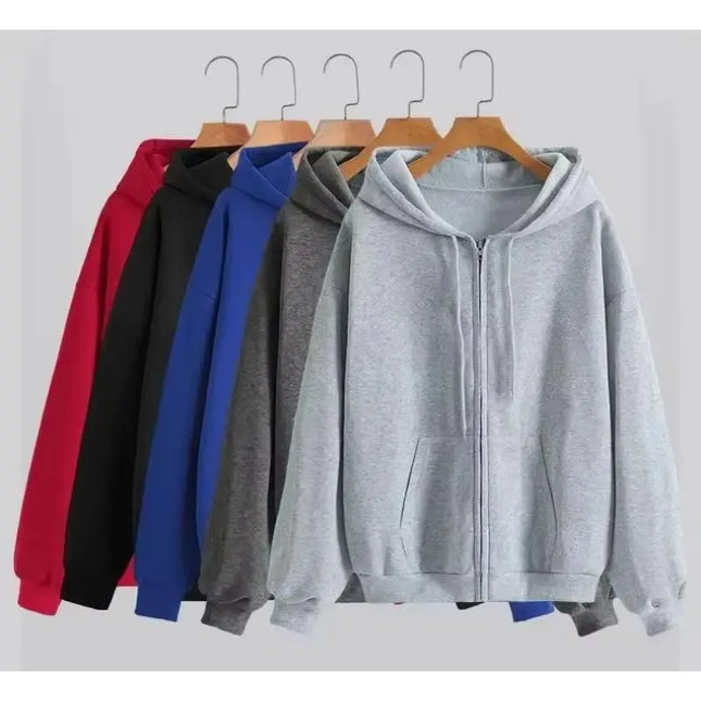 Solid Color Zipper Hoodies Womens Autumn Casual Sportswear Y2K Comfortable Long Sleeved All-Match Pocket Oversized Hoody