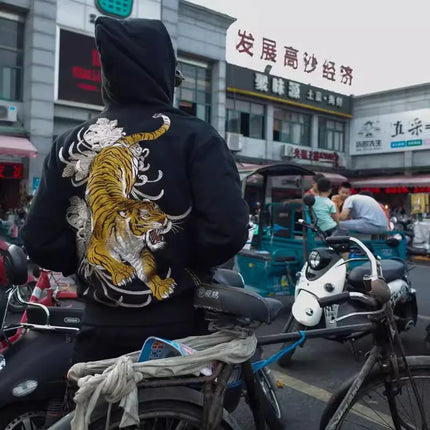 Bamboo Tiger Chrysanthemum Embroidered Yokosuka Sukajan Hoodies Coats Black Men Boys High Quality Sweatshirt Sweater Tops Vintag