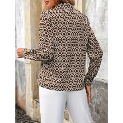 Plus Size 1XL-5XL  Women's Fashion All Season Geometric Printed Button Up Blouse Shirt Women Casual Long Sleeved Lapel Shirt