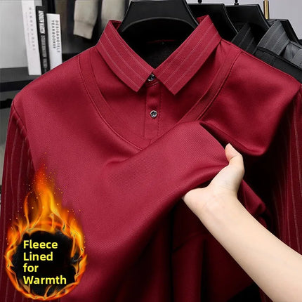 Men's Winter Thickened Fleece Lined Knitwear Polo Shirt Long Sleeve Loose Fit Solid Color Thermal Base Layer Two-Piece Look
