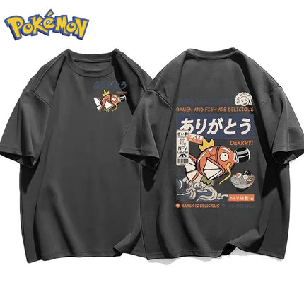 Pokémon Anime Magikarp Printing T-shirt 2026 Autumn/Winter New Harajuku Men's and Women's Large Loose Daily Parent-child Top