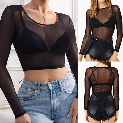 Sexy Women T Shirt See Through Mesh Tops Transparent Sheer Slim Ladies Tee Tops Sunscreen Tops Long Sleeve Bottoming Shirts