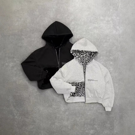 Gothic Harajuku Women Men Autumn Winter Reversible Hoodie Coat Casual Retro Leopard Print Zipper Hoodie Loose Black Grey Top