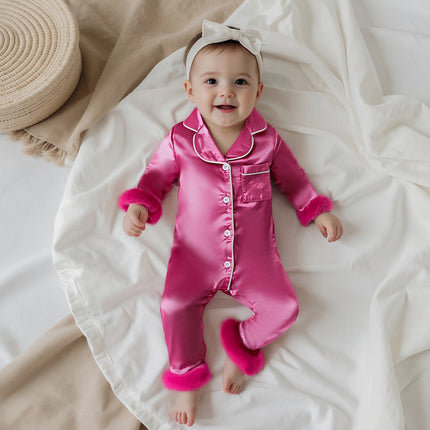 Pudcoco Baby Girl Satin Pajamas Contrast Trim Fur Trim Button Down Lapel V Neck Long Sleeve Romper