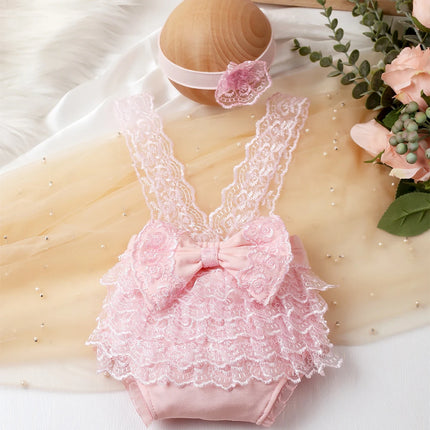 Ylsteed Newborn Photography Outfits Big Bowknot Baby Lace Romper with Hairband Blue Suspender Trousers Photo Shooting Overalls