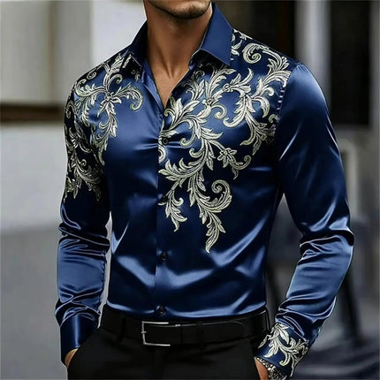 Men's Satin Paisley Printed Shirt Luxury Glossy Long Sleeve Casual Button Down Dress Shirts Nightclub Party Wear