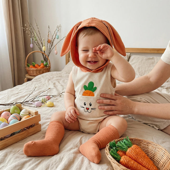 FOCUSNORM 0-18M Lovely Baby Boys Girls Easter Romper Bunny Carrot Embroidery Pocket Sleeveless Hood Jumpsuits Socks