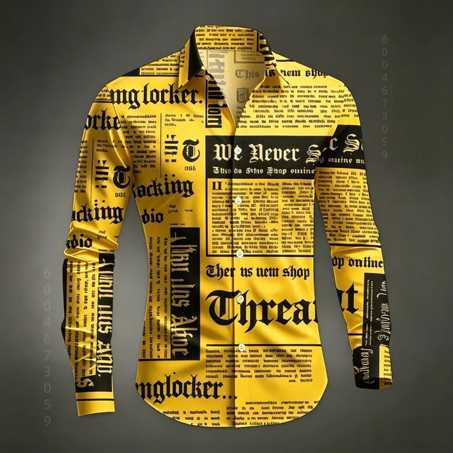 Men's Shirt Long Sleeved Shirt Newspaper Letter Print Retro Casual Single Breasted Shirt Street Style Trendy Men's Top XS-6XL