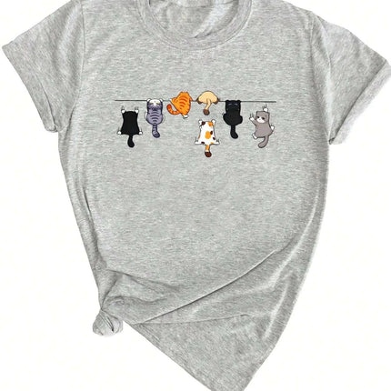 Women's Cute Cat Print Round Neck Short Sleeve Casual T-Shirt White Short Sleeve with Unique Cat Print Clothing Tee Female Tops