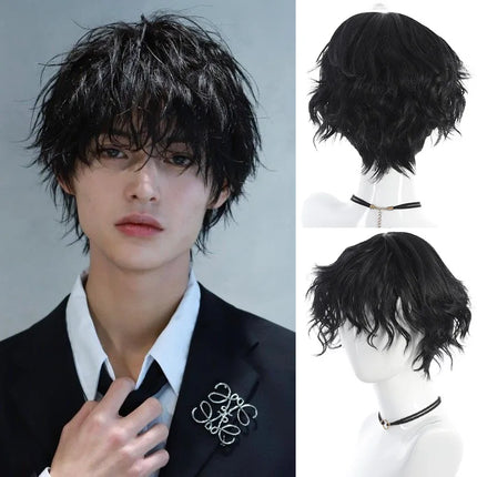 Short hair synthetic men's role-playing wig heat-resistant fireworks perm short curly hair natural black daily wig