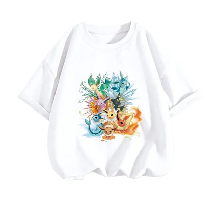 2026 Summer Pokemon Eeveelutions & Kirby Group Print T-Shirt, 100% Cotton Loose Casual Oversized Tee for Adults & Kids Y2k