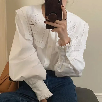 Chic Korean Style Early Spring French Embroidery Large Lapel Single-breasted Fashionable Age-reducing White Shirt For Women