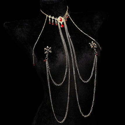 Red Ruby Nipple Clamps with Collar and Body Chain Waist Chain Sexy BDSM Training Adjustable Accessories for Women Adult Sex Toys