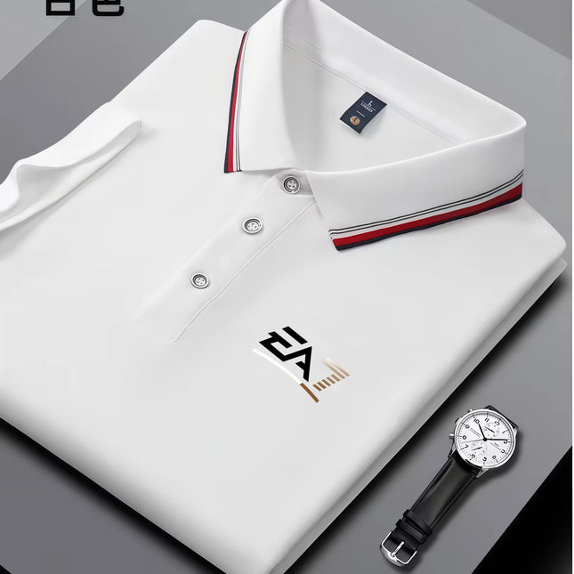 Men's summer trendy polo shirt, EA7 letter printed short sleeved striped collar, summer breathable casual business top