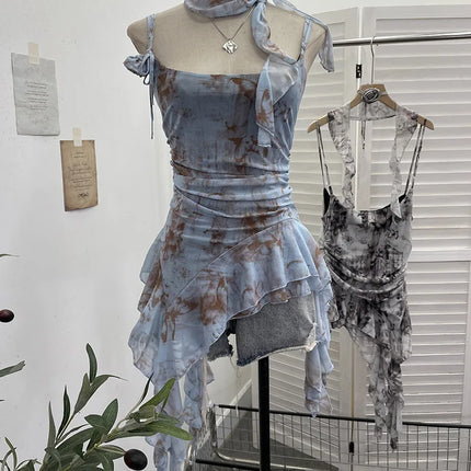 Women's Vintage Tie-dye Printed Mesh Spaghetti Strap Camisole Hot Girl Irregular Ruffled Ribbon Sleeveless Top Partyclub 1185