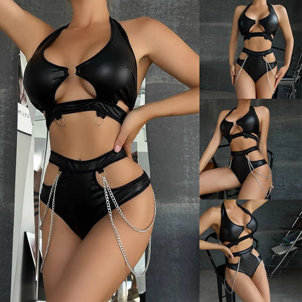 Women Halter Neck Lingerie Set, Faux Leather Wet Look, Sexy Hollow Bra Cutout, Chain Briefs, Nightwear, Clubwear Black