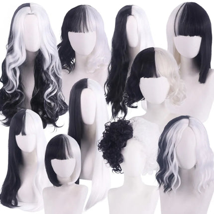 Cosplay Halloween Party Wigs CRUELLA Deville De Vil Black White With Bangs Short Bob Hair for Women Heat-Resistant Synthetic Wig