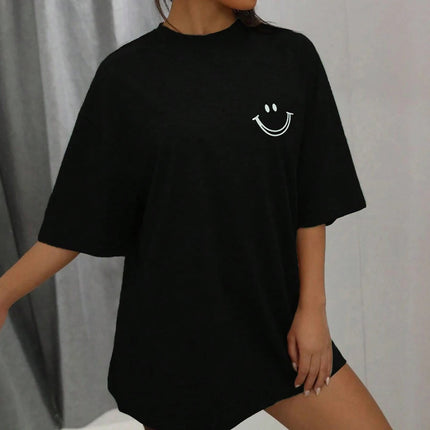 Happy Expression Printed Womens Cotton Short Sleeve Street Hip Hop Tee Clothing All-math Breathable Tops Crewneck Woman T-Shirts