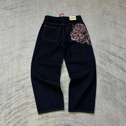 blossom embroidered pattern jeans Y2K loose men women zipper jeans wide leg pants Gothic Harajuku American style streetwear