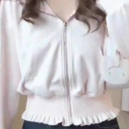Matakawa Sweet Pink Hoodies Woman Tops Ruffles Spring Autumn Sweatshirts Korean Fashion Hooded Y2k Sudaderas Mujer