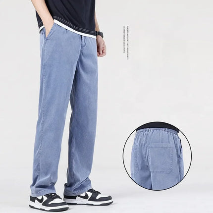 Summer New Baggy Jeans Men's Classic Thin Lyocell Fabric High Quality Straight Casual Pants Soft Denim Trousers Coffee Blue Gray