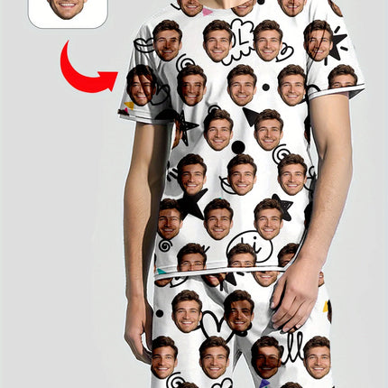 Men's Women's Facial Printed T-Shirt Shorts Set Personal Photo Customize Pajamas Comfortable Loose Home Set Valentine's Day Gift