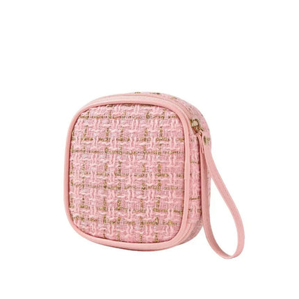 Women Makeup Pouch TikTok Viral Organizer Bag, Tweed Fabric Cosmetic Case with Long Handle for Travel Toiletries Sanitary Pads