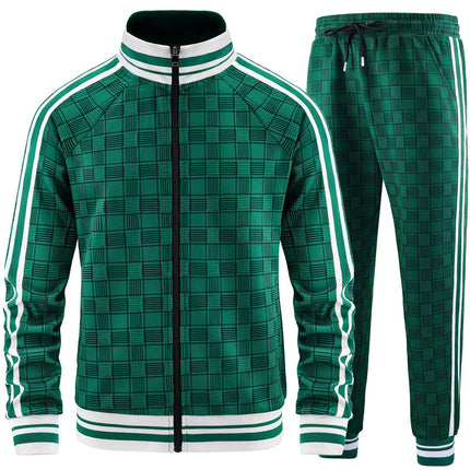 New Spring Autumn Plaid Printed Mens Zipper Jacket Sports Wear Sweatshirt Casual Outdoor Sports Checks Tracksuit Coat+Pant Set
