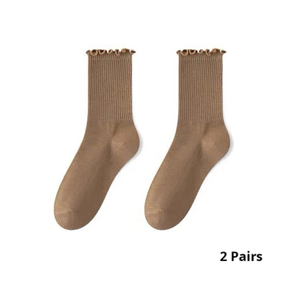 Cotton Socks for Women Girls Ruffle Top Solid Color Spring Autumn Breathable Soft Mid-calf Sock 1 Pair or 2 Pairs