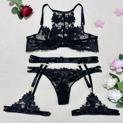 Bikini Fashion Complex Craft Embroidery Cross Strap Sexy Lingerie Push-Up Underwire Four-Piece Set