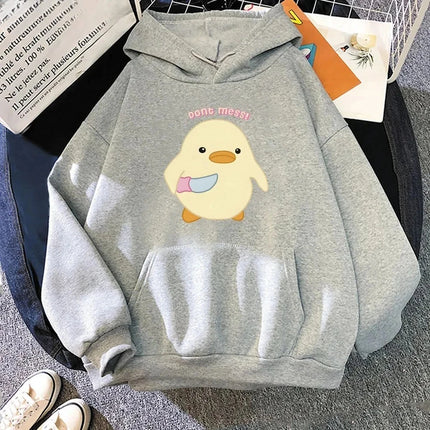 Don‘t Mess Duck Holding Knife Kawaii Cartoon Print Woman Hoodies Sweatshirts Harajuku Female Long Sleeve Casual Streetwear