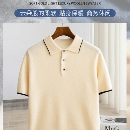 100% Merino Wool T-shirt Men's POLO Collar Short Sleeve Pullover 2025 Spring/Autumn New Fashion Knit Business Casual Sweater Tee