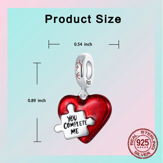 925 Sterling Silver Unique Red Puzzle Heart Dangle Charm Valentine's Day Pendant Fit Original Bracelets Women DIY Jewelry Gift