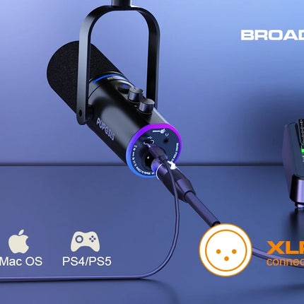 XLR/USB Podcast Microphone, Gaming Mic with Mute Button, Reverb Effects, Noise Cancellation, Boom Arm Stand, Headphones Jack
