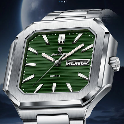 POEDAGAR Luxury Square Male Watch Waterproof Luminous Date Week Quartz Watches For Men Stainless Steel Fashion Men's Clock Reloj