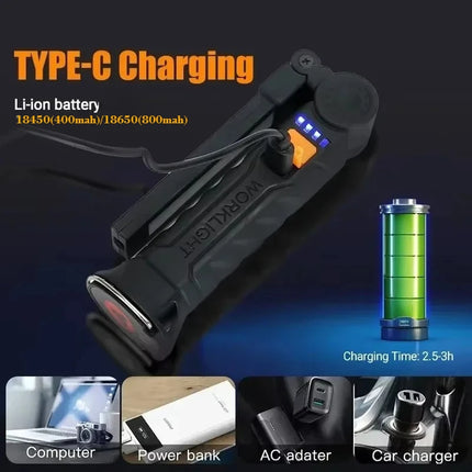 Rechargeable LED Flashlight 4lighting Modes Work Light with Tail Magnet Torch Hook Tent Light for Outdoor Camping Lantern