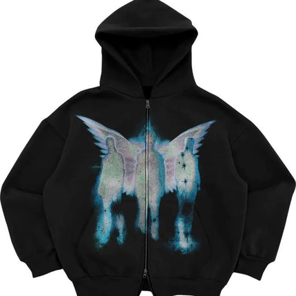 Street sports zipper printed cardigan 2024 new street trend hooded sweatshirt fashion men's Y2K loose retro pocket sweatshirt