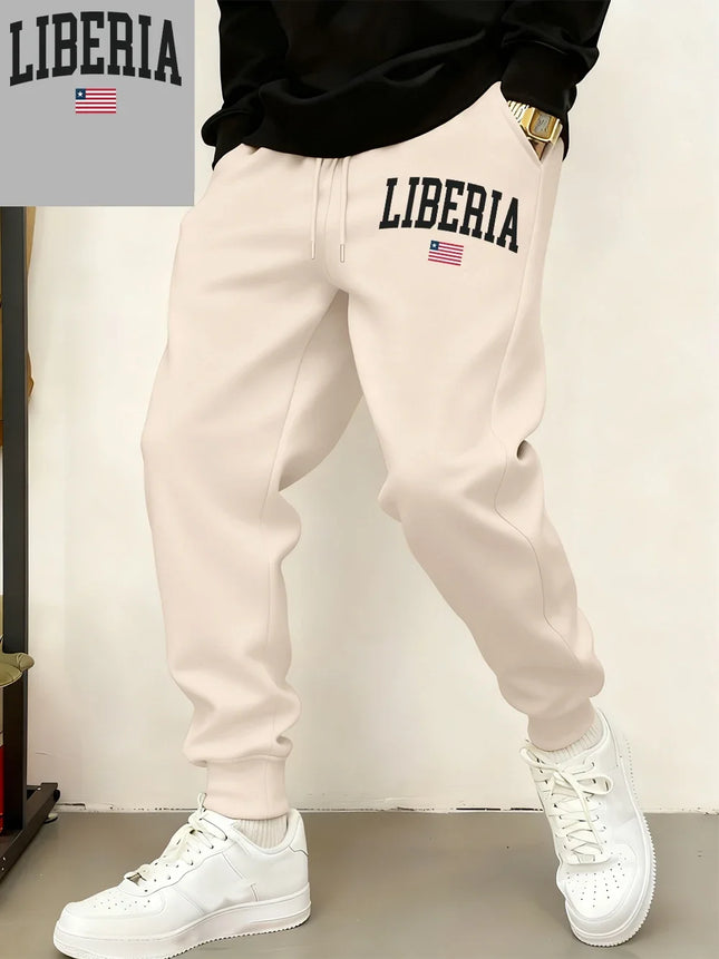 Liberia Flag Letter Printed Sweatpants Mens Basics Fleece Warm Jogger Pants Casual Pocket Trousers Winter Loose Male Clothes
