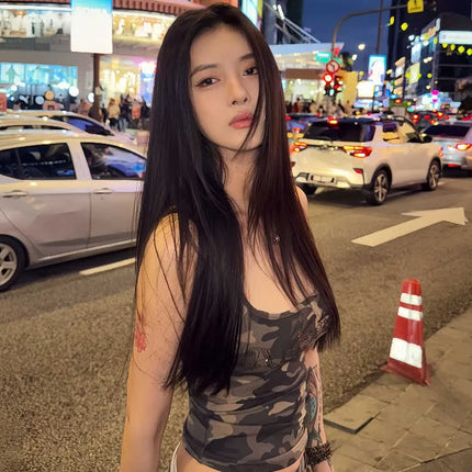 American Retro Camouflage Svel Strap Vest Women Summer Sexy Spicy Slim Fit Outerwear ort Versatile Small Top