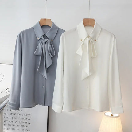 Elegant Long Sleeve Bow Tie Collared Whiteshirt Women's Professional Interview Shirt 2024 New Autumn Collection