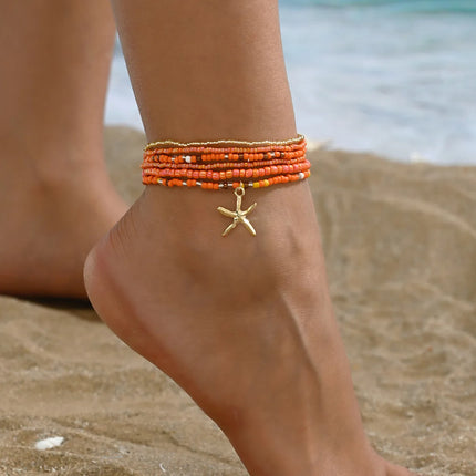 Multilayer Bohemia Rice Bead Anklet Set for Women Fashion Starfish Pendant Anklets Summer Sandy Beach Ankle Chain on Leg Jewelry