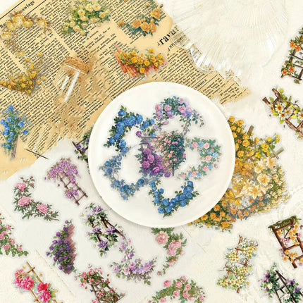 100PCS Creative Retro Flower Ladder Flower Cluster PET Transparent Material Stickers DIY Personalized Decorative Stickers