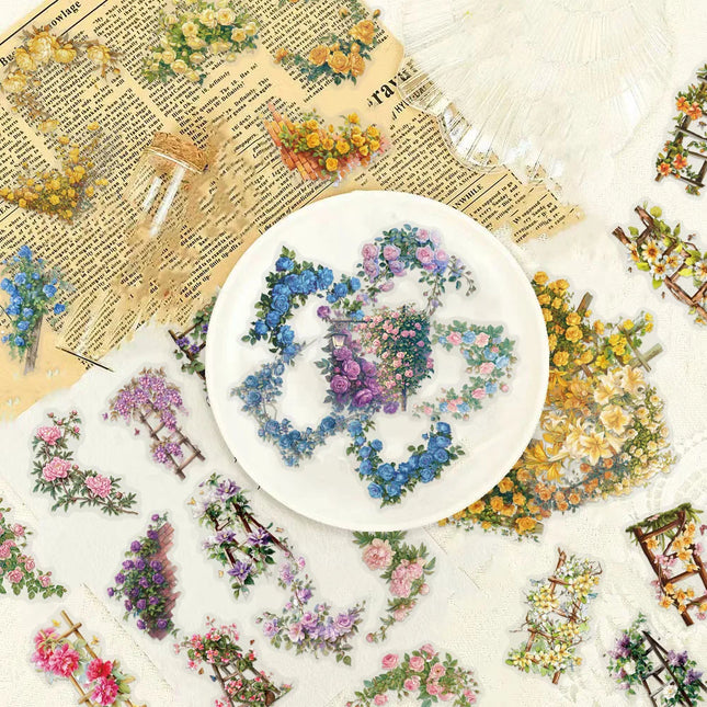 100PCS Creative Retro Flower Ladder Flower Cluster PET Transparent Stickers DIY Personalized Decorative Stickers