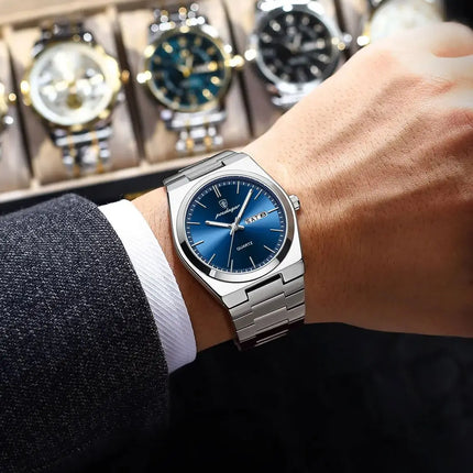 POEDAGAR Fashion Casual Men's Wristwatch Waterproof Luminous Date Week Men's Watches Stainless Steel Quartz Business Men Watch+Box