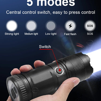 High Power Led flashlight Strong Light Rechargeable Torch Portable Handheld Flashlight Long Range 5km COB Light Camping Hiking